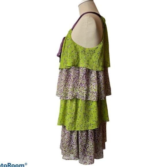Allen B Green Purple Green Tiered Ruffle Skirt Ribbon Strap Boho Dress Size 4 - Picture 3 of 6